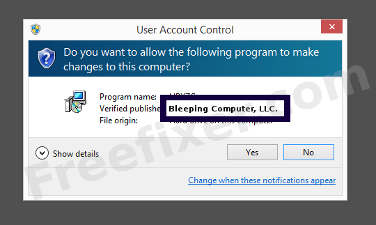 Screenshot where Bleeping Computer, LLC. appears as the verified publisher in the UAC dialog